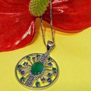 Natural Green Agate & CZ 925 Sterling Silver Necklace